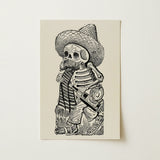 Calavera of Francisco Madero - Jose Guadalupe Posada Art Print / Canvas Black Ink Illustration Skeleton Sombrero Bottle Printed Off-white,