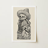 Calavera of Francisco Madero - Jose Guadalupe Posada Art Print / Canvas Black White Illustrated Skeleton Sombrero Striped Poncho, Bears