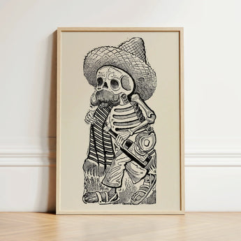 Calavera of Francisco Madero - Jose Guadalupe Posada Art Print / Canvas Black-and-white Illustrated Skeleton Wide-brimmed Sombrero Bottle
