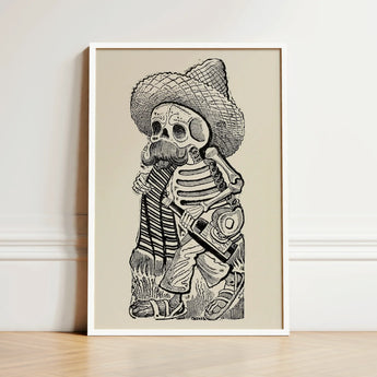 Calavera of Francisco Madero - Jose Guadalupe Posada Art Print / Canvas Framed Black-and-white Illustration Skeleton Wide-brimmed Hat