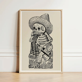 Calavera of Francisco Madero - Jose Guadalupe Posada Art Print / Canvas Framed Black-and-white Illustration Skeleton Sombrero Striped