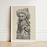 Calavera of Francisco Madero - Jose Guadalupe Posada Art Print / Canvas Black-and-white Illustrated White Frame Skeleton Sombrero Striped,