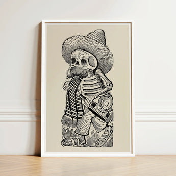 Calavera of Francisco Madero - Jose Guadalupe Posada Art Print / Canvas Black-and-white Illustrated White Frame Skeleton Sombrero Striped,