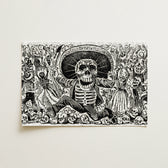 Black White Linocut Print Central Skeleton Sombrero Surrounded Guadalupe Posada, Art, Calaveras Oaxaquena, José, Sends, Short Hatched