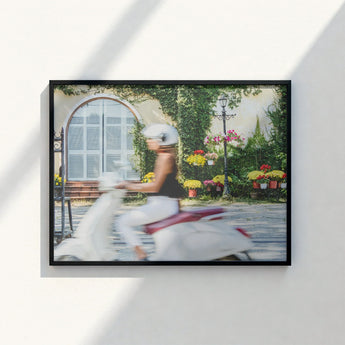 Black-framed Photograph Woman White Scooter Past Arched Window Hoi An’s Unesco-protected Streets, Elevates Street Photography, Art Print