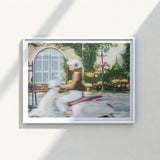 White Framed Photograph Woman Scooter Past Colorful Flower Hoi An’s Unesco-protected Streets, Elevates Street Photography, Art Print