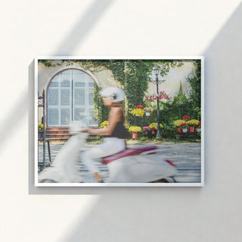 White Framed Photograph Woman Scooter Past Colorful Flower Hoi An’s Unesco-protected Streets, Elevates Street Photography, Art Print