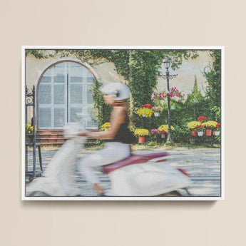 Can’t Stop Won’t - Hoi an Street Life Art Print / Canvas Framed Photograph Motion-blurred Woman White Scooter Past Arched Hoi An’s