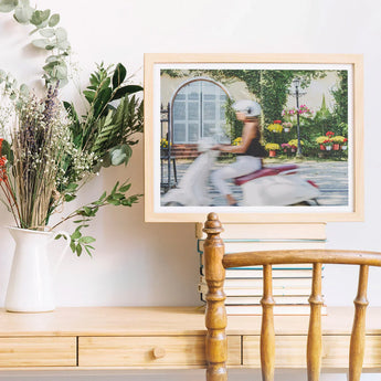 Can’t Stop Won’t - Hoi an Street Life Art Print / Canvas Light Wood-framed Photograph Woman White Scooter Garden Colorful Hoi An’s