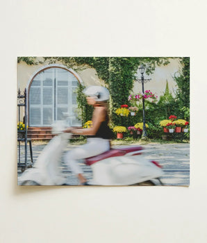 White Scooter Red Seat Captured Motion Backdrop Greenery Hoi An’s Unesco-protected Streets, Elevates Street Photography, Art Print
