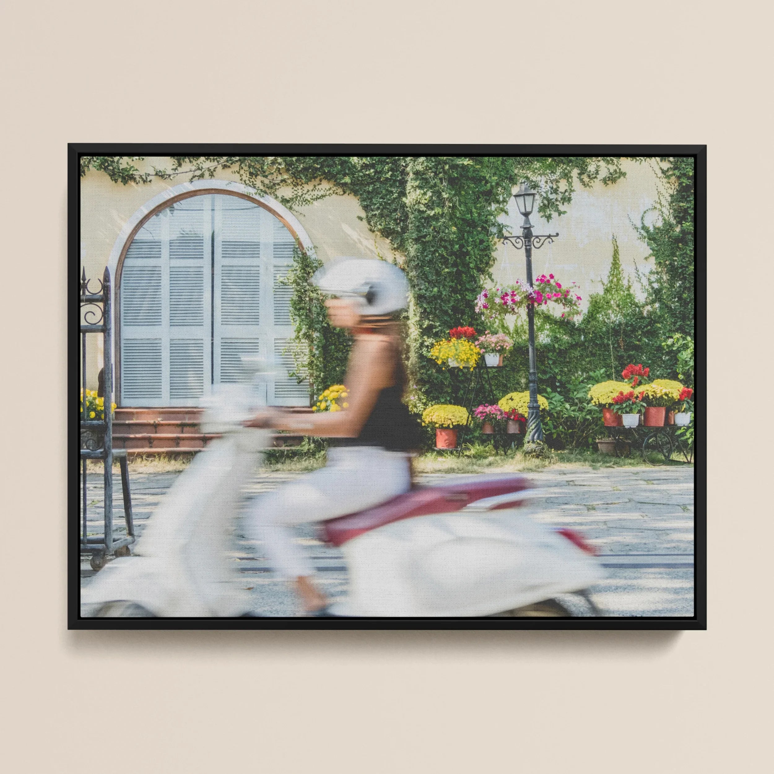 Can’t Stop Won’t - Hoi an Street Life Framed Canvas, Blurred Person White Scooter Moped