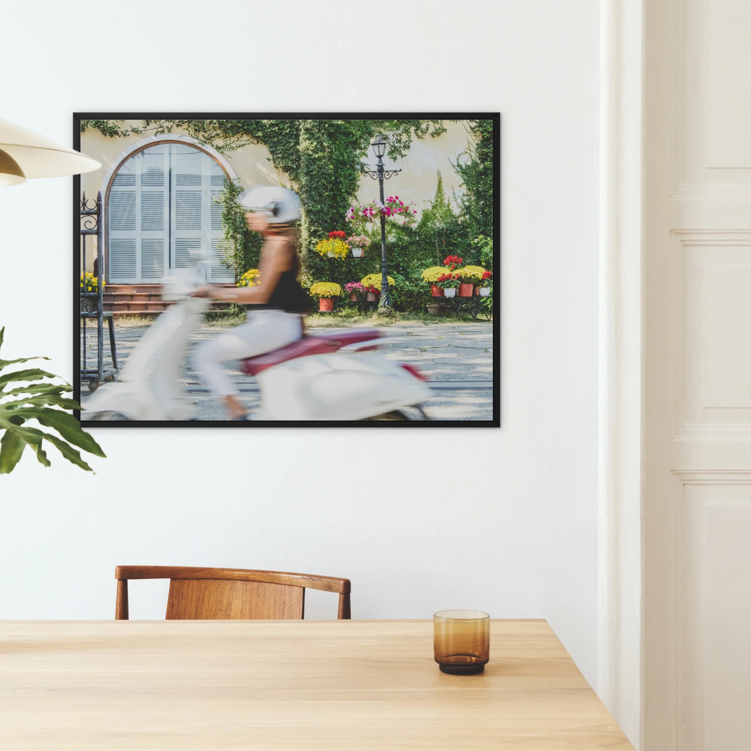 Can’t Stop Won’t - Hoi an Street Life Framed Canvas, Framed Photograph Blurred Scooter Rider Colorful Flowers