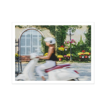 Can’t Stop Won’t - Hoi an Street Scene Art Print, Blurred Motion White Scooter Past Colorful Flowers