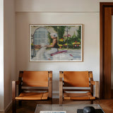 Can’t Stop Won’t - Hoi an Street Scene Art Print, Two Tan Leather Mid-century Modern Armchairs Wooden Frames