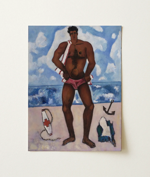 Vibrant Oil Painting Muscular Lifeguard Pink Trunks White Canuck Yankee Lumberjack, Orchard Beach, Atlantic Spray Meets, Shore, Cast,