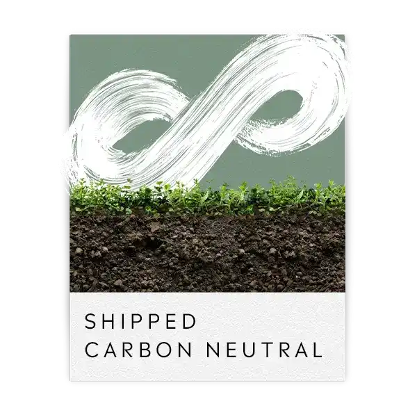 A carbon neutral shipping label design featuring soil, plants, and an infinity symbol.