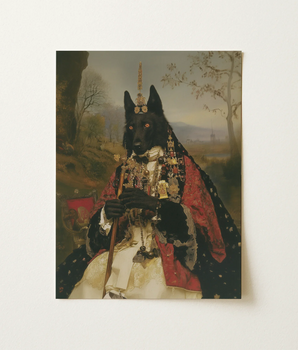 Regal Black Dog Portrait Baroque-style Painting Adorned Gold Art Print, Wolf, Ecclesiastical, Shadows Takes