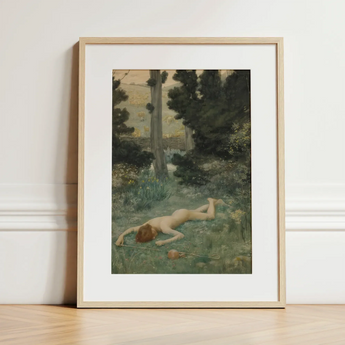 Careless Shepherd - Edward Robert Hughes Art Print / Canvas Framed Art Print Nude Figure Grassy Woodland Enclosed Careless Shepherd, Hughes