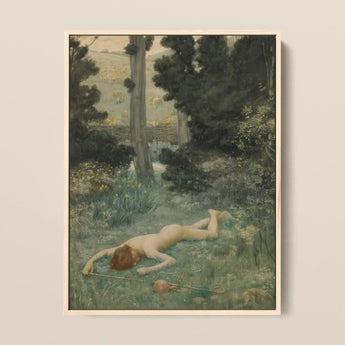 Careless Shepherd - Edward Robert Hughes Art Print / Canvas Framed Painting Nude Figure Grassy Woodland Rendered Soft Careless Shepherd,