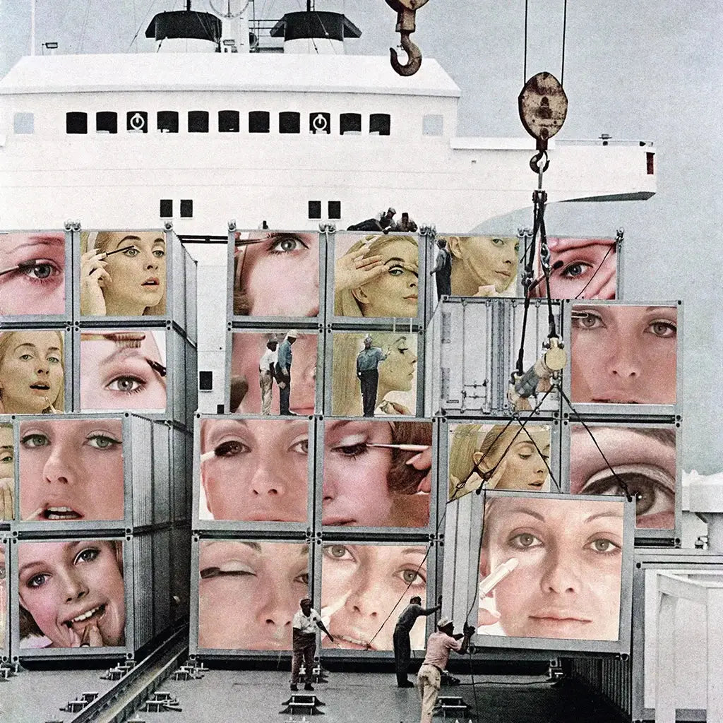 Cargo ship filled with containers showcasing women’s faces by famous collage artists.