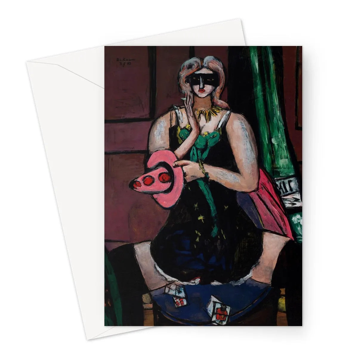 Carnival Mask Green Violet And Pink By Max Beckmann Greeting Card - A5 Portrait / 1 Card - Greeting & Note Cards