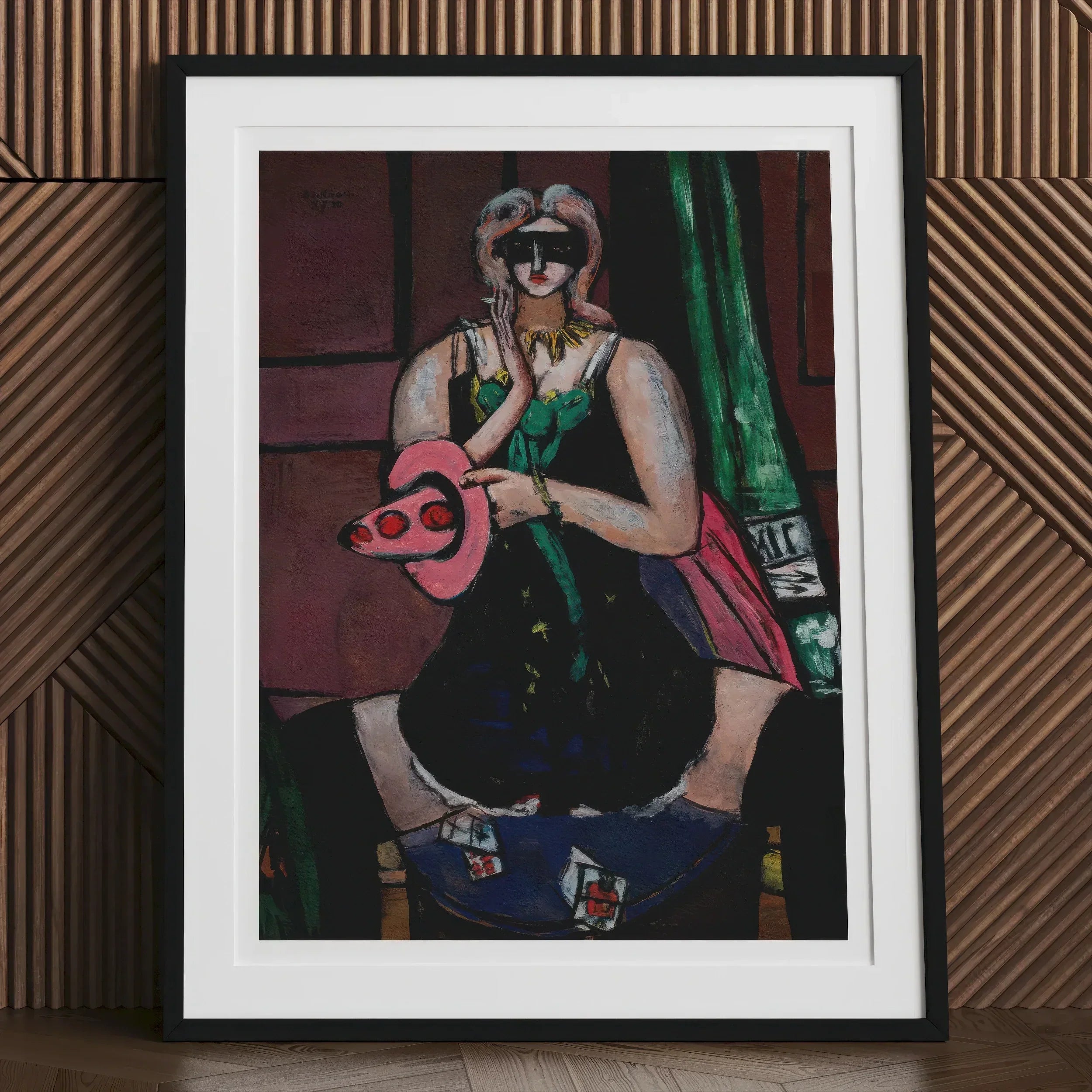 Carnival Mask Max Beckmann Expressionism Art Print, 24x32’’ / 61x81cm / Unframed, Framed Painting Stylized Figure Green Dress Pink Object