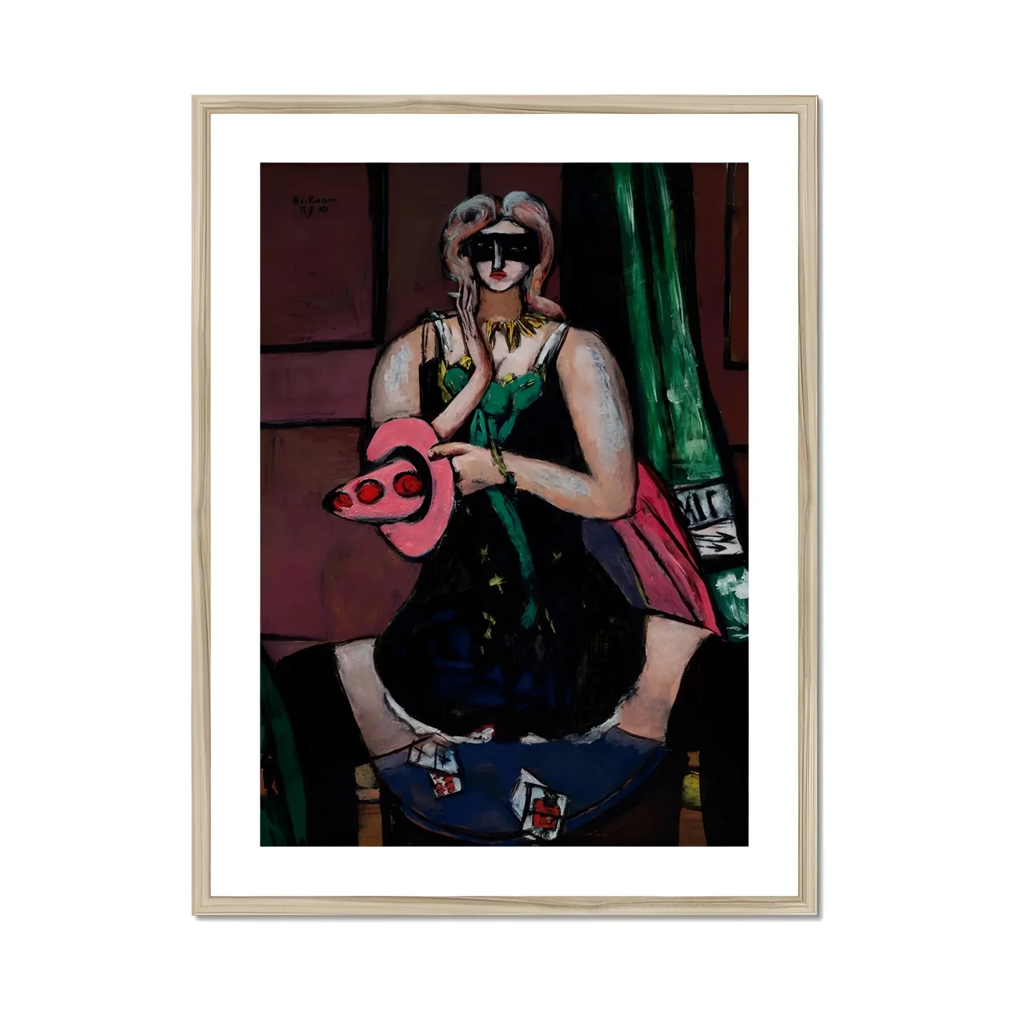 Carnival Mask - Max Beckmann Expressionism Art Print, Person Raccoon Hat Sunglasses Holds Pink Guitar