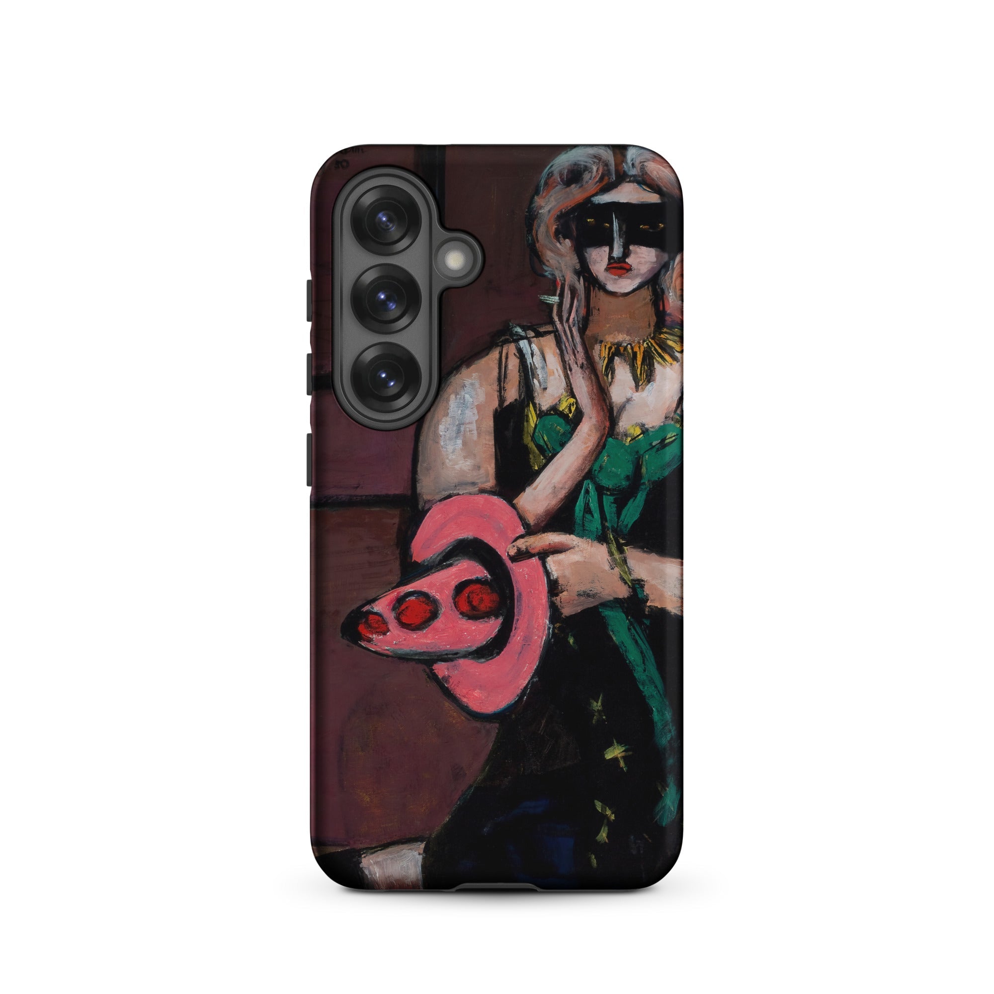 Carnival Mask Max Beckmann Samsung Case, Galaxy S25 / Matte, Black Smartphone Case Artistic Rendition Woman Mask Pink