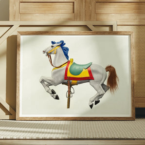 Carousel Horse - American Watercolor Art Print, 24x18’’ / 61x46cm / Unframed, Colorfully Decorated Carousel Horse Blue Ribbon Brown Tail