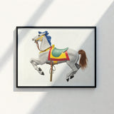 Framed Artwork White Carousel Horse Blue Mane Brown Vibrant Watercolor Print, Masterfully Rendered, 20th Century Art