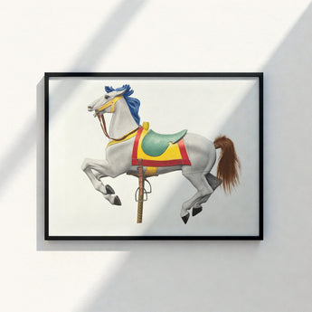 Framed Artwork White Carousel Horse Blue Mane Brown Vibrant Watercolor Print, Masterfully Rendered, 20th Century Art