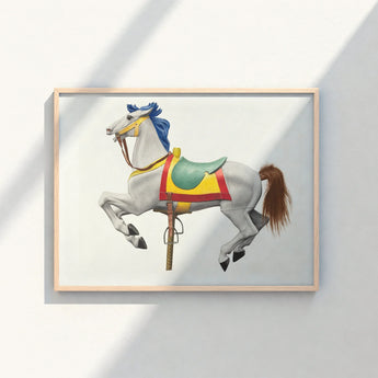 Framed Artwork White Carousel Horse Blue Mane Brown Vibrant Watercolor Print, Masterfully Rendered, 20th Century Art