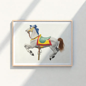 Framed Illustration White Carousel Horse Blue Mane Brown Vibrant Watercolor Print, Masterfully Rendered, 20th Century Art