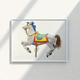 Framed Artwork White Carousel Horse Blue Mane Brown Vibrant Watercolor Print, Masterfully Rendered, 20th Century Art