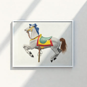 Framed Artwork White Carousel Horse Blue Mane Brown Vibrant Watercolor Print, Masterfully Rendered, 20th Century Art