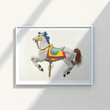 Framed Illustration White Carousel Horse Blue Mane Brown Vibrant Watercolor Print, Masterfully Rendered, 20th Century Art