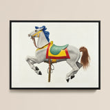 Carousel Horse - American Watercolor Art Print / Canvas Framed Illustration White Carousel Horse Blue Mane Tail Vibrant Watercolor Print,