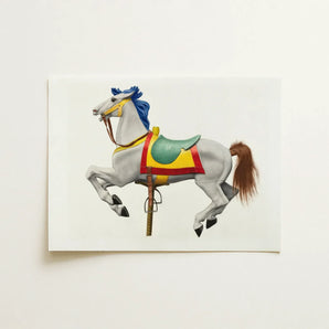 Carousel Horse - American Watercolor Art Print / Canvas Vibrant Painted Illustration White Carousel Horse Blue Mane Watercolor Print,
