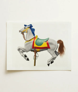 Vibrant Painted Illustration White Carousel Horse Blue Mane Watercolor Print, Masterfully Rendered, 20th Century Art