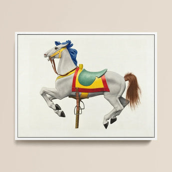 Carousel Horse - American Watercolor Art Print / Canvas Vibrant Painted Illustration White Carousel Horse Blue Mane Watercolor Print,