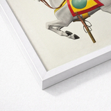 Framed Vintage-style Illustration White Carousel Horse Adorned Yellow Vibrant Watercolor Print, Masterfully Rendered, 20th Century Art