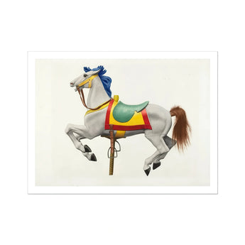 Carousel Horse - American Watercolor Art Print, Colorfully Decorated Carousel Horse Blue Bow Brown Tail