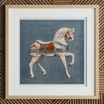 Carousel Horse - Henry Murphy Watercolor Art Print, 12x12’’ / 31x31cm / Natural Frame / 2’’ Matboard, Framed Print White Carousel Horse Red