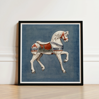 Carousel Horse - Henry Murphy Watercolor Art Print / Canvas Framed Artwork White Red Silver Decorative, Nostalgic Americana, Prints