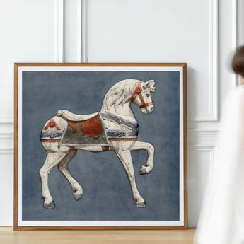 Carousel Horse - Henry Murphy Watercolor Art Print, Vintage Wooden Carousel Horse White Paint Red Saddle