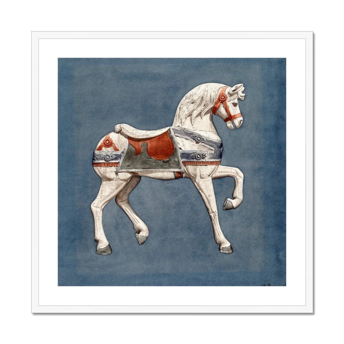 Carousel Horse - Henry Murphy Watercolor Art Print, White Red Painted Carousel Horse Decorative Saddle Harness