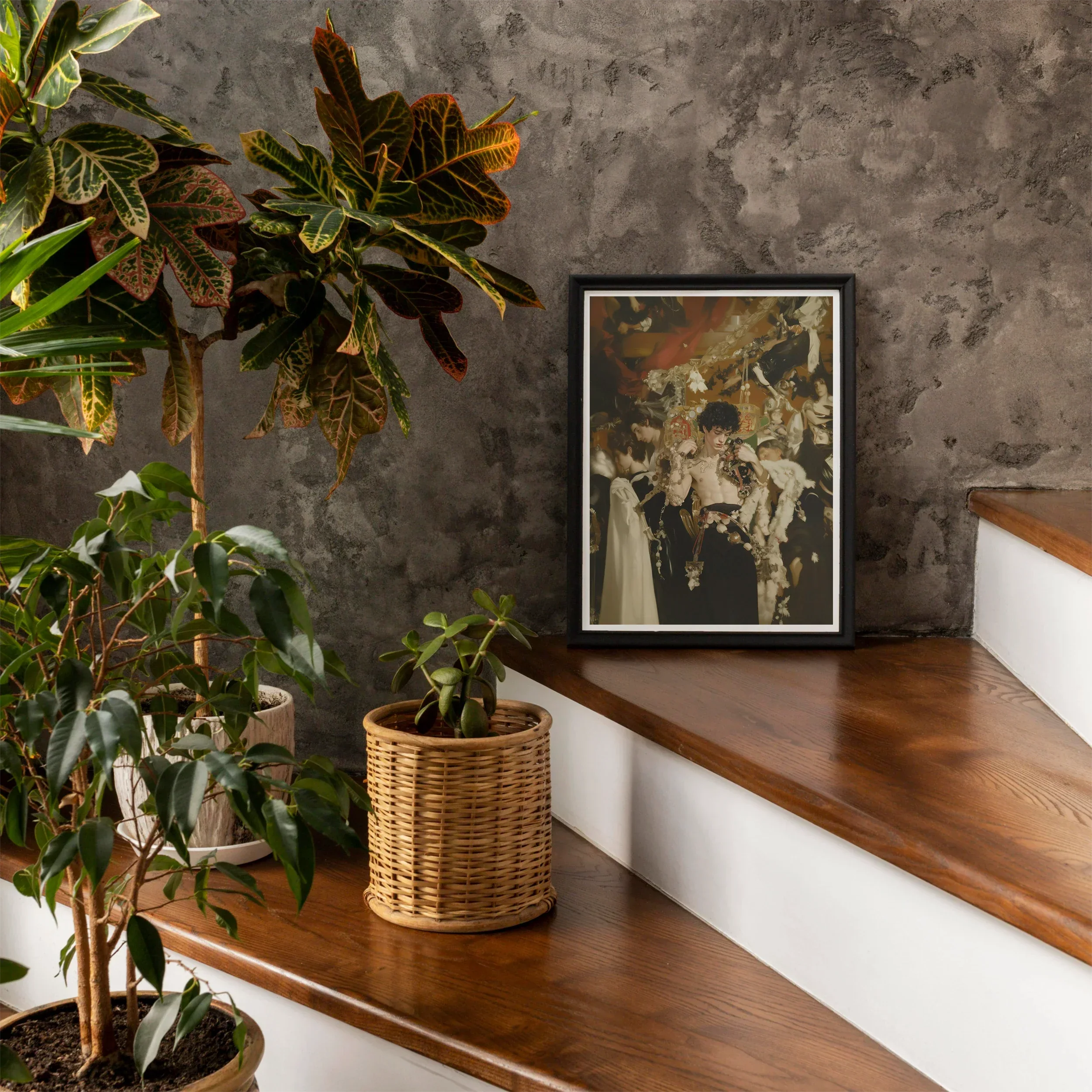Carte Blanche - Surreal Gay Baroque Art Print, 12’’x16’’ / Unframed, Framed Abstract Artwork Wooden Shelf Surrounded Potted Plants