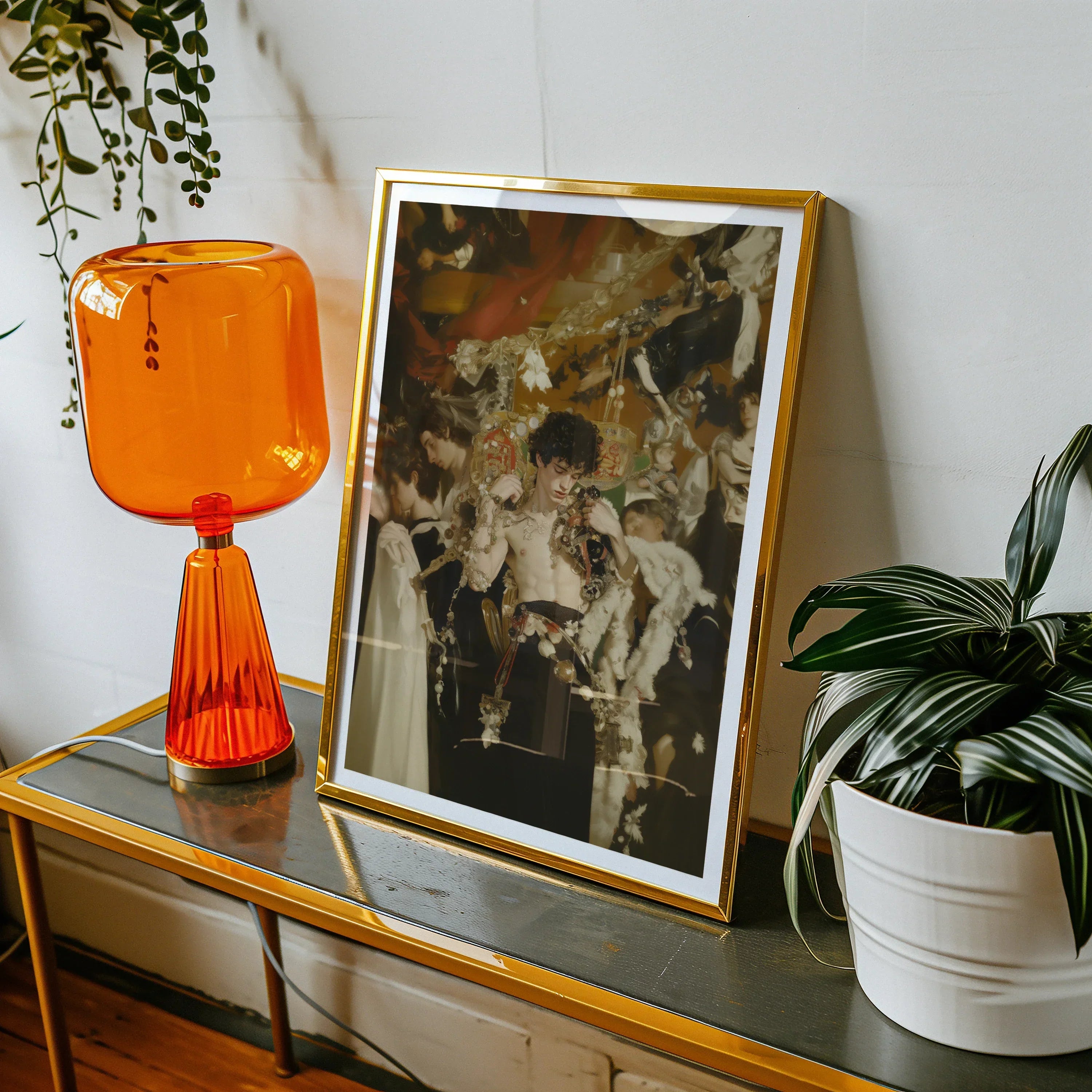 Carte Blanche - Surreal Gay Baroque Art Print, 18’’x24’’ / Unframed, Vibrant Orange Glass Table Lamp Retro Design