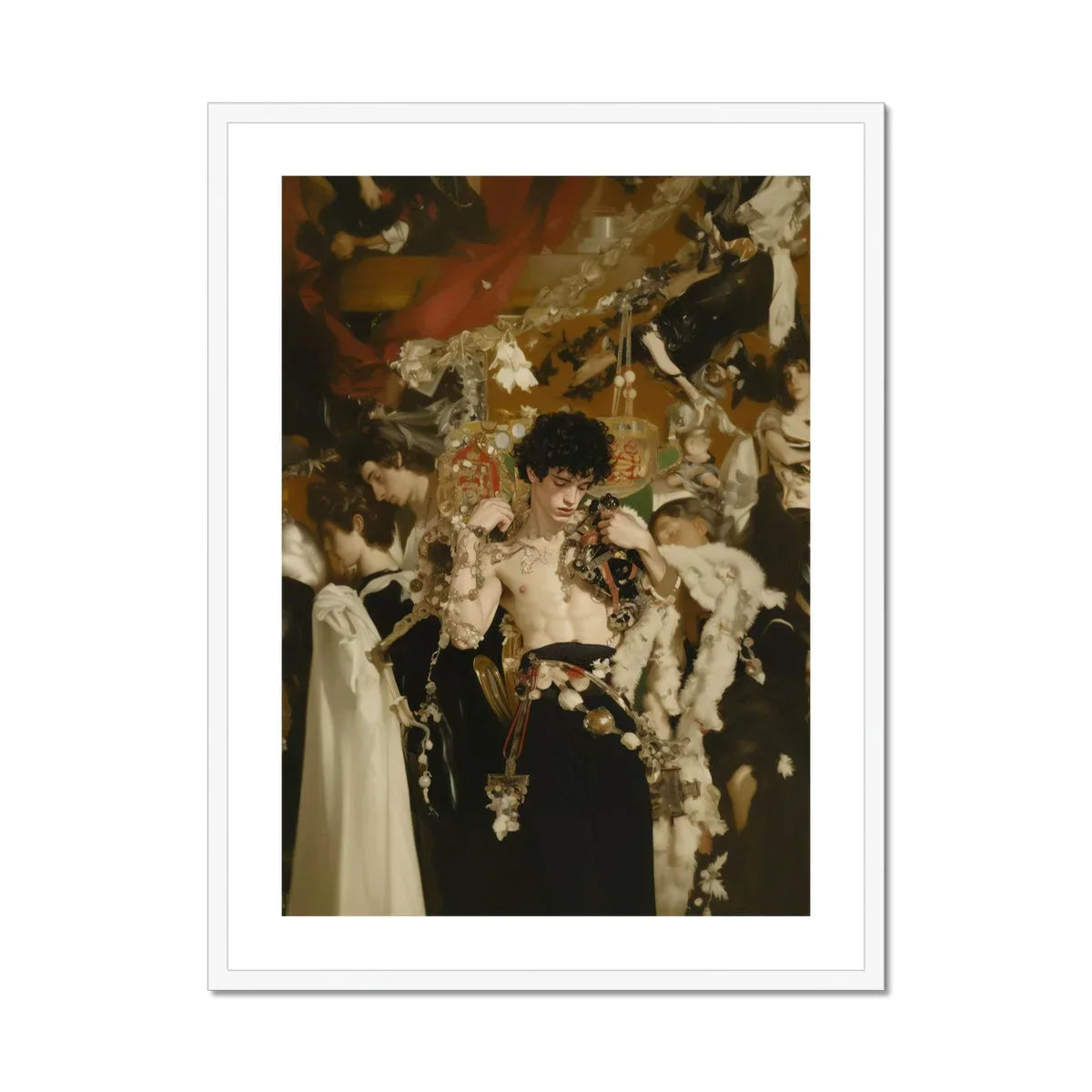 Carte Blanche - Surreal Gay Baroque Art Print, Person Elegant Black Dress Amid Confetti Decorative Elements
