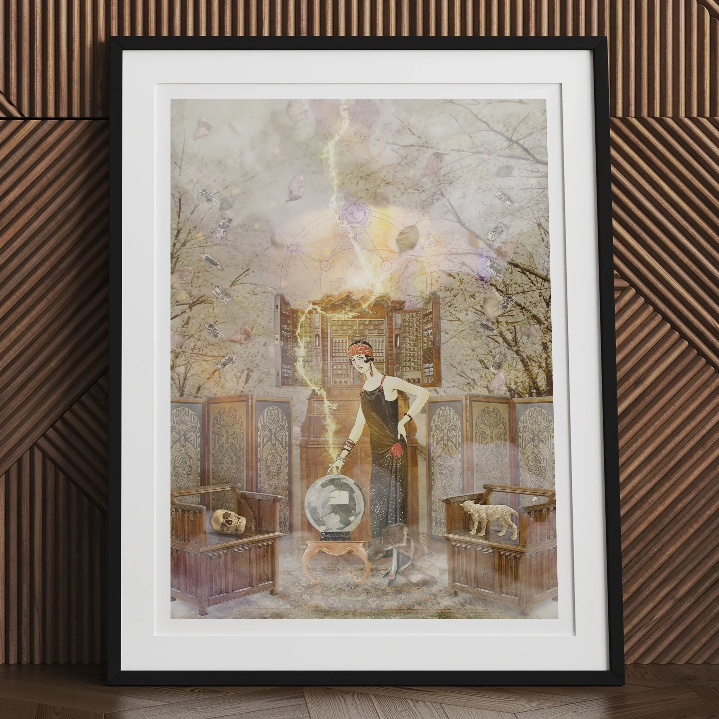 Cassandra the Mystic Marvel - Witch Legend Art Print, Framed Artwork Surreal Scene Figure Crystal Ball Mystical